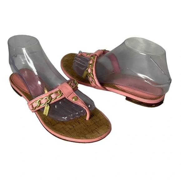 COACH Rizzo Pink Gold Chain Thong Sandals Cork Footbed Leather Sole As Is 7.5B - Picture 2 of 12